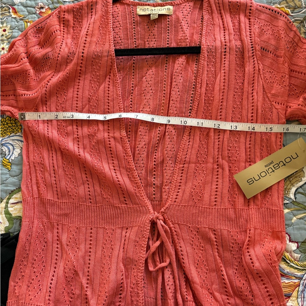 NEW Notations Petite Coral Knit Tie Front Openwork Short Sleeve Blouse PM - Picture 4 of 8